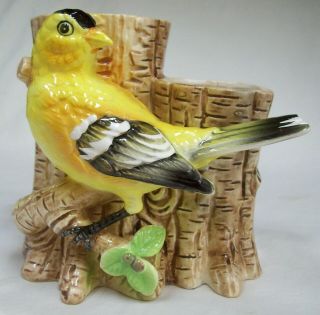 Vintage Norcrest Yellow Gold Finch Warbler Bird Figurine Planter Vase Japan Htf