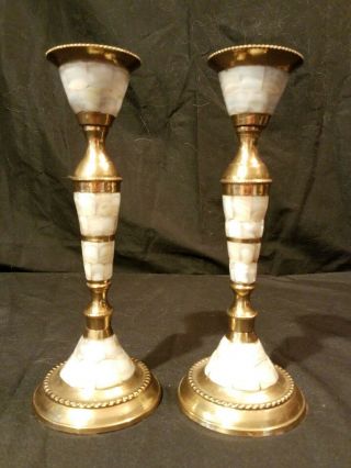 Set Of 2 Brass And Mother Of Pearl Candle Sticks Made In India