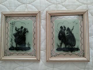 Vintage Silhouette Pictures With Reverse Painting On Convex Glass