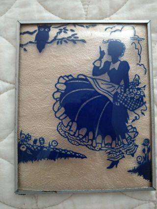 Vintage Picture With Blue Reverse Painting On Convex Glass From 30 