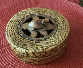 Vintage Lombok Island Coiled Woven Lidded Basket W/ Carved Turtle Fetish Handle