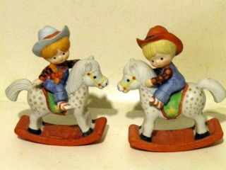 Pair Enesco 1983 Cowboy Cowgirl Rocking Horse Figurines 5” Very Cute Boy Girl