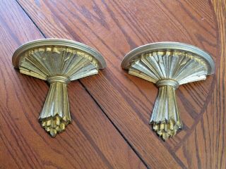 Two 30s 40s Syroco Syrocowood Art Deco Wall Sconces,  Mid Century,  Gold,  Pair,  Ny