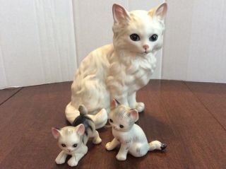 Vintage Lefton Mother Cat & 2 Kittens Figurines Euc 1960 