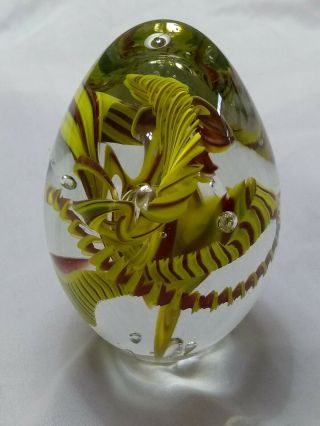 Murano Egg Shaped Glass Paperweight,  Bubble Swirl Clear And Yellow,  Nearly 3 Lbs