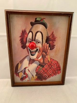 Vintage Wooden Clown Picture W/musical Wind - Up Wood Nose Plays Send In The Clown