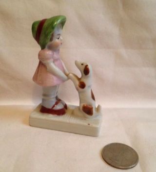 Vintage Old Ceramic Figurine Little Girl Dress Bonnet & Dog Spotted Puppy - Japan