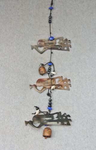3 Angel Bell Wind Chime Metal Glass Bead Cowerie Shell Primitive Folk Art 27 " X6 "