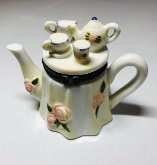 Vintage Ceramic Hinged Trinket Box Stash Box “afternoon Tea” With Roses Teapot