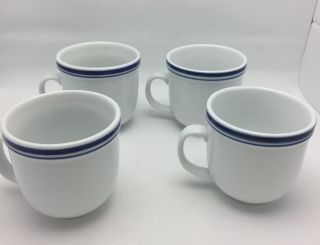Set Of 4 Pottery Barn Coffee Mugs / Cups White W/ Blue Bands