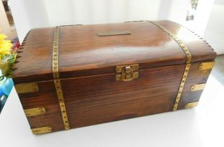 Vintage Oak? Wood Box Banded In Brass & Clasp Carry Handles Chip Carved Domed