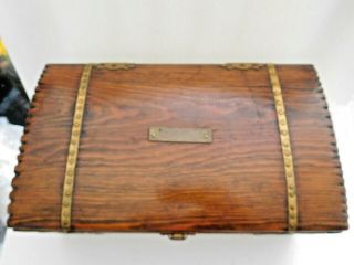 Vintage oak? wood box banded in brass & clasp carry handles Chip carved Domed 2