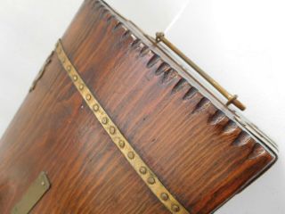 Vintage oak? wood box banded in brass & clasp carry handles Chip carved Domed 3