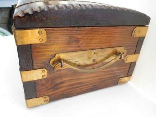 Vintage oak? wood box banded in brass & clasp carry handles Chip carved Domed 4