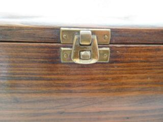 Vintage oak? wood box banded in brass & clasp carry handles Chip carved Domed 5