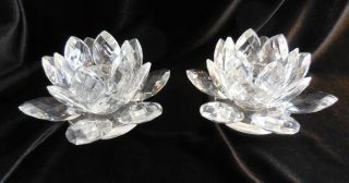 Shannon Crystal Two 2 Clear Crystal Lotus Taper Candle Holders Hand Made Faceted