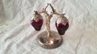 Vintage Red Glass - Silver Metal Strawberry Vine Hanger - Base S & P Shakers