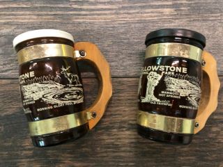 Vintage Yellowstone Beer Mug Salt And Pepper Shaker Set Brown Glass Wood Handle