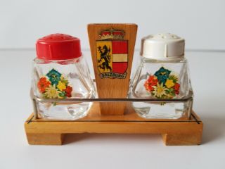 Vintage Glass & Wood Salzburg Salt And Pepper Shakers With Toothpick Holder