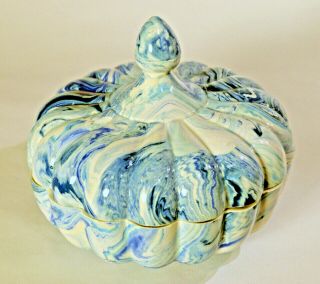 Decorative Ceramic Blue & white tiedie swirl glazed porcelain bowl/dish with lid 5