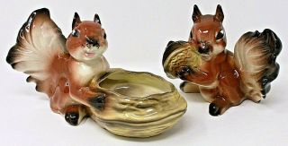 Vintage Pair Glazed Porcelain Squirrels Vase & Nut Dish,  4 3/4 " Tall Epoc Cute