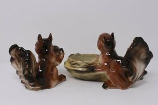VINTAGE PAIR Glazed Porcelain Squirrels Vase & Nut Dish,  4 3/4 