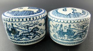 Vintage Porcelain White & Blue Salt & Pepper Shakers Set Made In Usa (e32)