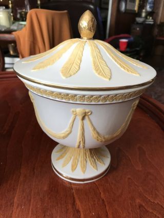 Large Jasperware Yellow And White Covered Footed Container By Andrea