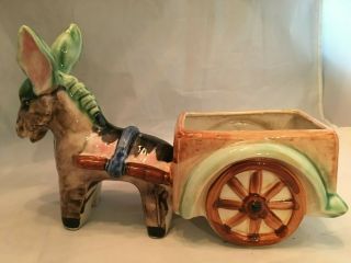 Donkey Pulling Cart Planter - Made In Japan - Cute Ceramic Donkey & Cart