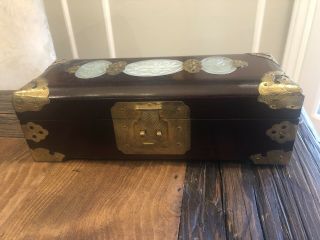 Vintage Chinese Asian Wooden Jewelry Box With Celadon Jade Carved Plaques