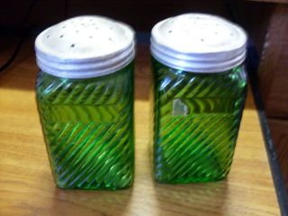 Vintage Set Of Old Green Kitchen Salt And Pepper Shakers