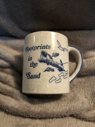 Footprints In The Sand Blue And White Speckled Ceramic Coffee Cup Mug Euc