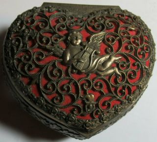 Filigree Brass Heart Shaped Cupid Trinket Box Red Satin Interior