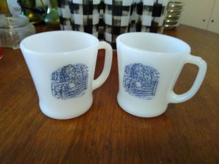 Vintage Fire King Currier & Ives Milk Glass D Handle Coffee Mugs,  Cups Set Of 2