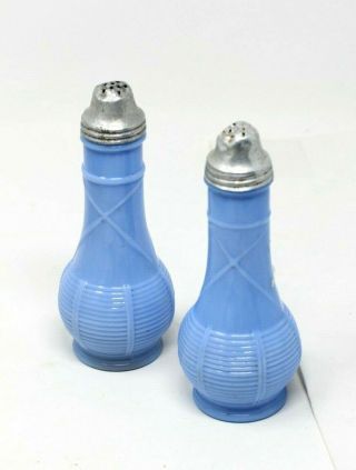 Vintage Blue Milk Glass Salt & Pepper Shakers With Metal Lid