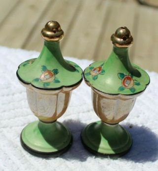 Vintage Art Deco Green Floral Salt and Pepper Shakers - Japan 2