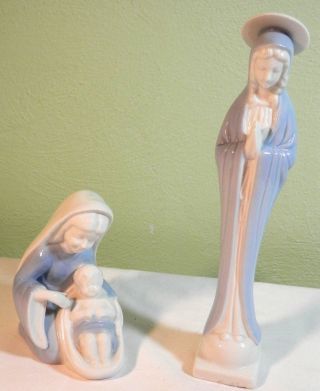 2 Vintage Porcelain Ceramic Madonna & Mary W/child Figurines Figure Blue & White