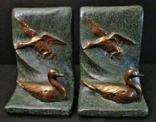 Vtg Mid Century Modern Metal 3d Duck Geese Kraftware Copper Bookends Eames Era
