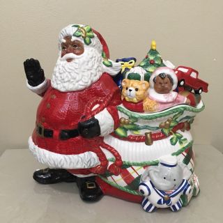 Fitz & Floyd Essentials Santa " Remembering Santa " Cookie Jar Black Santa Toy Bag