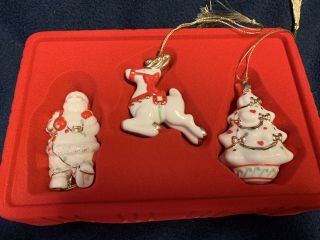 Lenox Tin Box Santa,  Reindeer,  Tree Christmas Ornament [set Of 3]