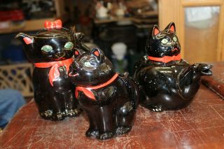 (3) Vintage Made In Japan Black Cat With Green Eyes Teapots And Pitcher Good