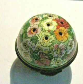 Staffordshire Enamel Ball Shape Hinged Trinket Box Basket Flowers Hand Painted