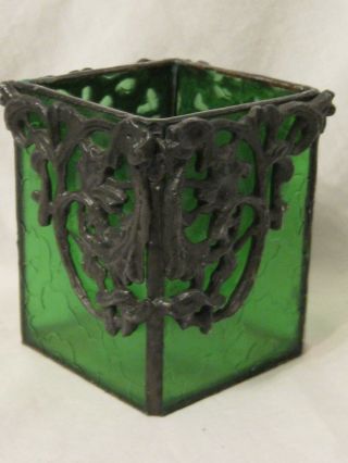 Vintage Ornate Flower Floral Lead ? Green Glass Container Candle Holder