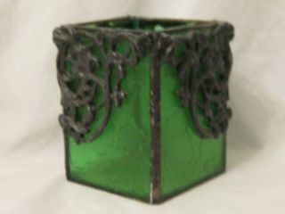 vintage ornate flower floral lead ? green glass container candle holder 4