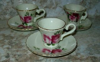 3 Miniature Tea Cups And Saucers Set Roses White With Gold Trim
