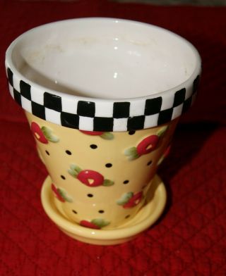 1998 Mary Engelbreit Flower Pot With Saucer Yellow W/ Red Flowers Polka Dots