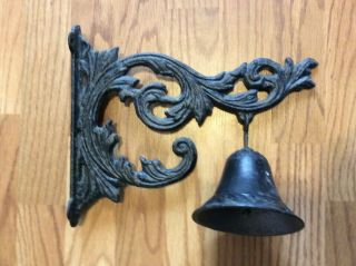 Vintage Black Cast Iron Dinner Bell With Hanging Bracket Worn Patina