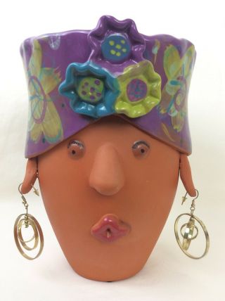Lola Pot Head Bird Brain Face 7.  25 " Terra Cotta Planter Purple W Hoop Earrings