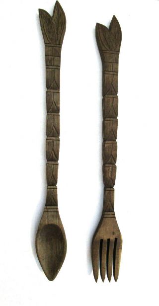 Vintage Large Wooden Fork & Spoon Mid Century Modern Tiki Totem 30 " Long Decor