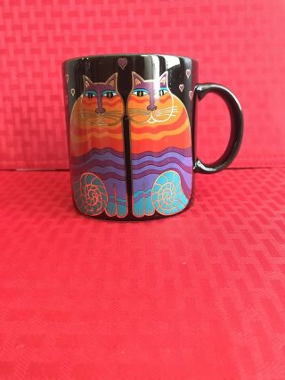 Laurel Burch Rainbow Cats Coffee Mug Multi Color Black Ceramic Euc